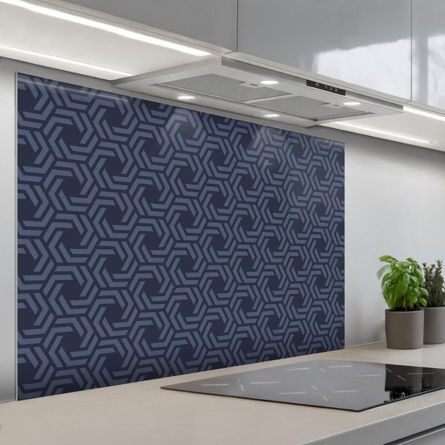 KitchenYeah Spatscherm 120x80 cm Zelfklevende achterwand Patroon Blauw Geometrisch Keuken muurbeschermer Spatwand fornuis