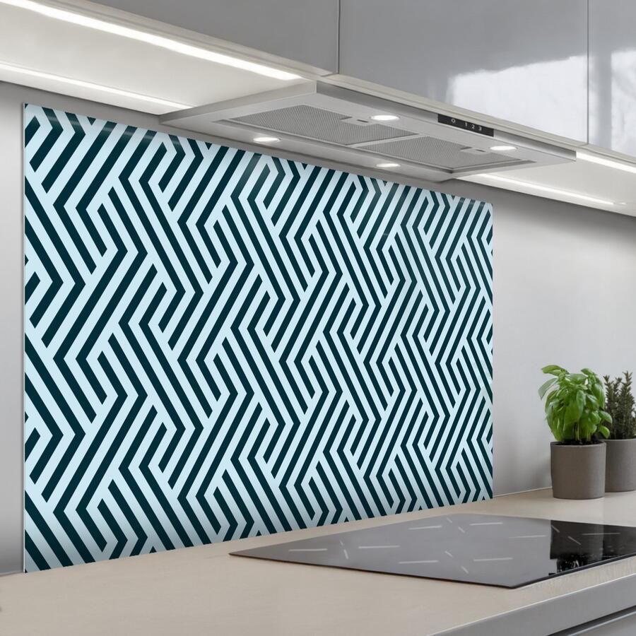 KitchenYeah Spatscherm 120x80 cm Zelfklevende achterwand Patroon Blauw Lijnen Zigzag Keuken muurbeschermer Spatwand fornuis