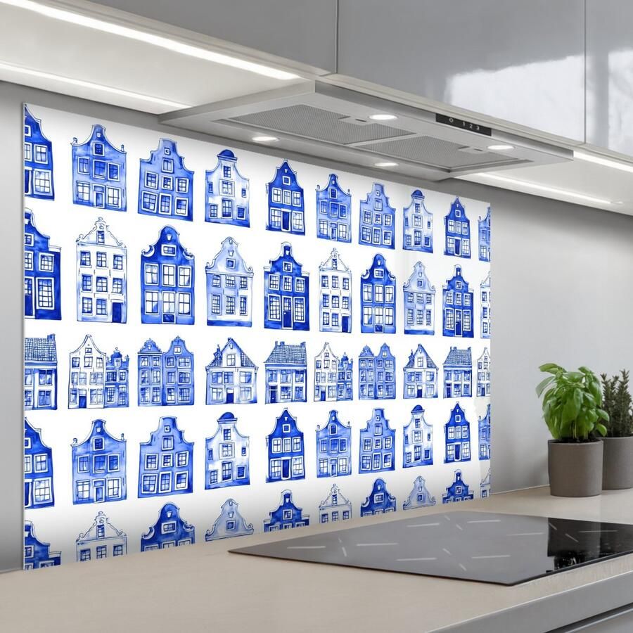 KitchenYeah Spatscherm 120x80 cm Zelfklevende achterwand Patroon Huizen Blauw Keuken muurbeschermer Spatwand fornuis