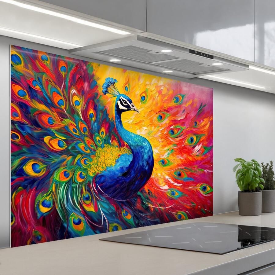 KitchenYeah Spatscherm 120x80 cm Zelfklevende achterwand Pauw Kunst Schilderij Pauwenveren Keuken muurbeschermer Spatwand fornuis