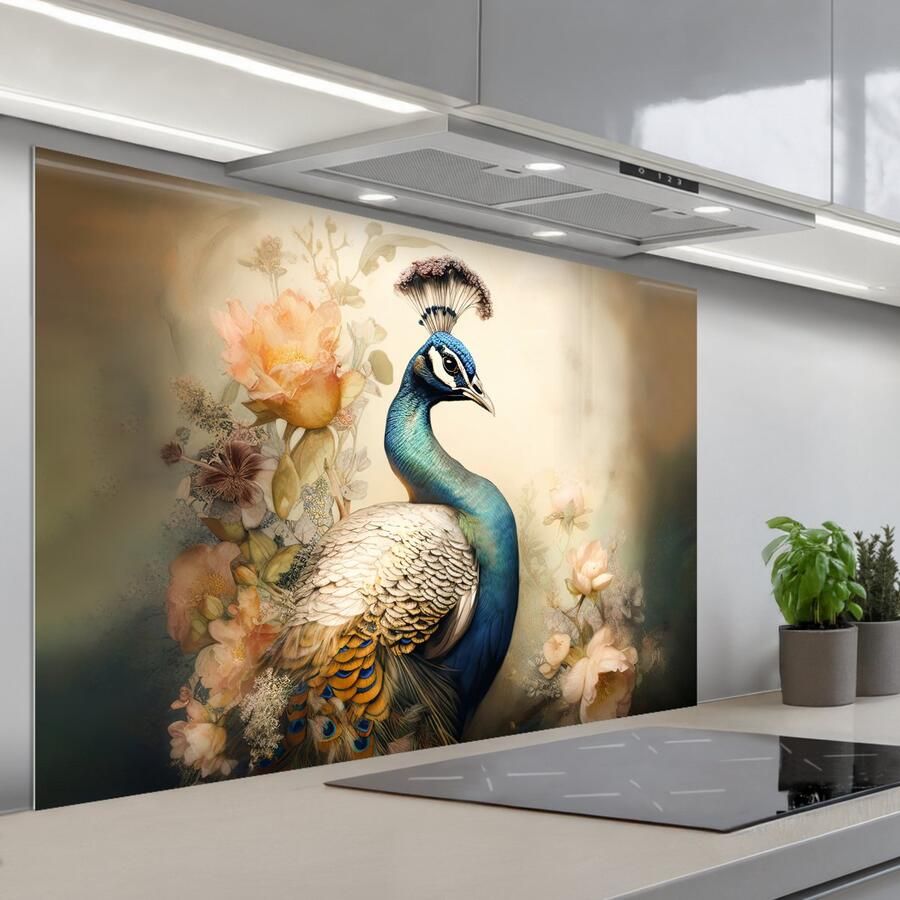 KitchenYeah Spatscherm 120x80 cm Zelfklevende achterwand Pauw Pauwenveren Bloemen Vogels Botanisch Keuken muurbeschermer Spatwand fornuis