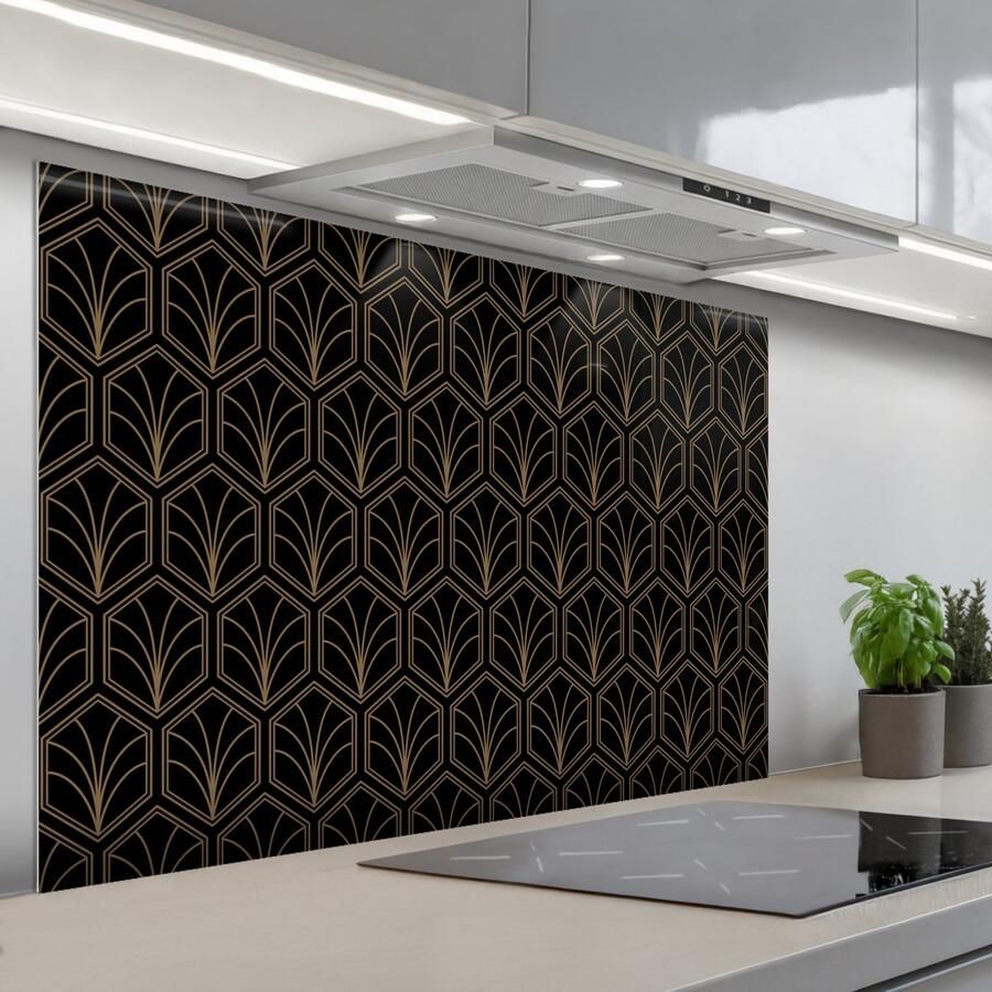KitchenYeah Spatscherm 120x80 cm Zelfklevende achterwand Pijlvorm Waaier Goud Keuken muurbeschermer Spatwand fornuis