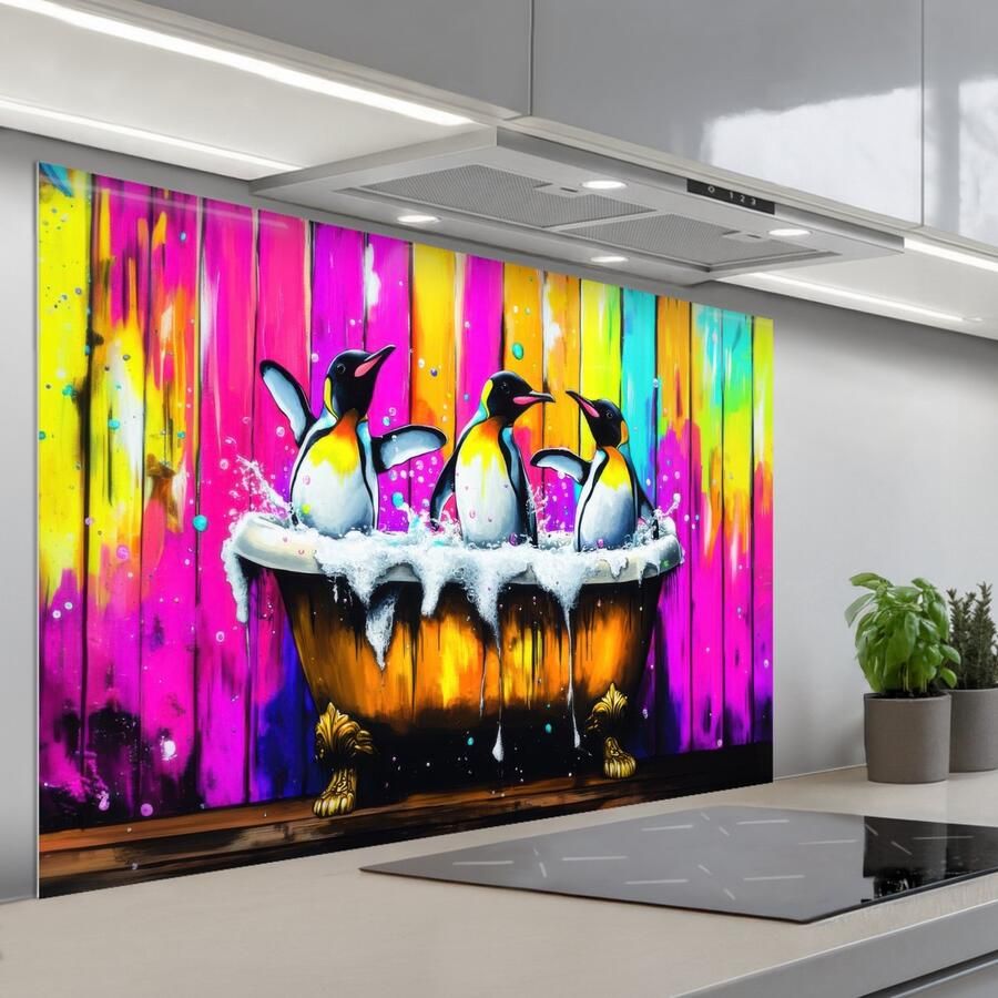 KitchenYeah Spatscherm 120x80 cm Zelfklevende achterwand Pinguïns Badkuip Kleurrijk Schuim Keuken muurbeschermer Spatwand fornuis