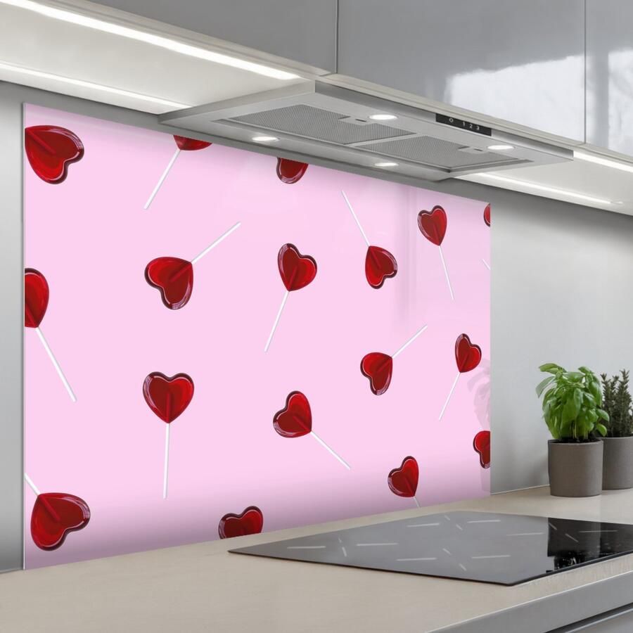 KitchenYeah Spatscherm 120x80 cm Zelfklevende achterwand Roze Hart Lolly Snoep Keuken muurbeschermer Spatwand fornuis - Foto 1