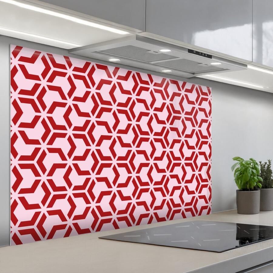 KitchenYeah Spatscherm 120x80 cm Zelfklevende achterwand Roze Rood Geometrisch Patroon Keuken muurbeschermer Spatwand fornuis