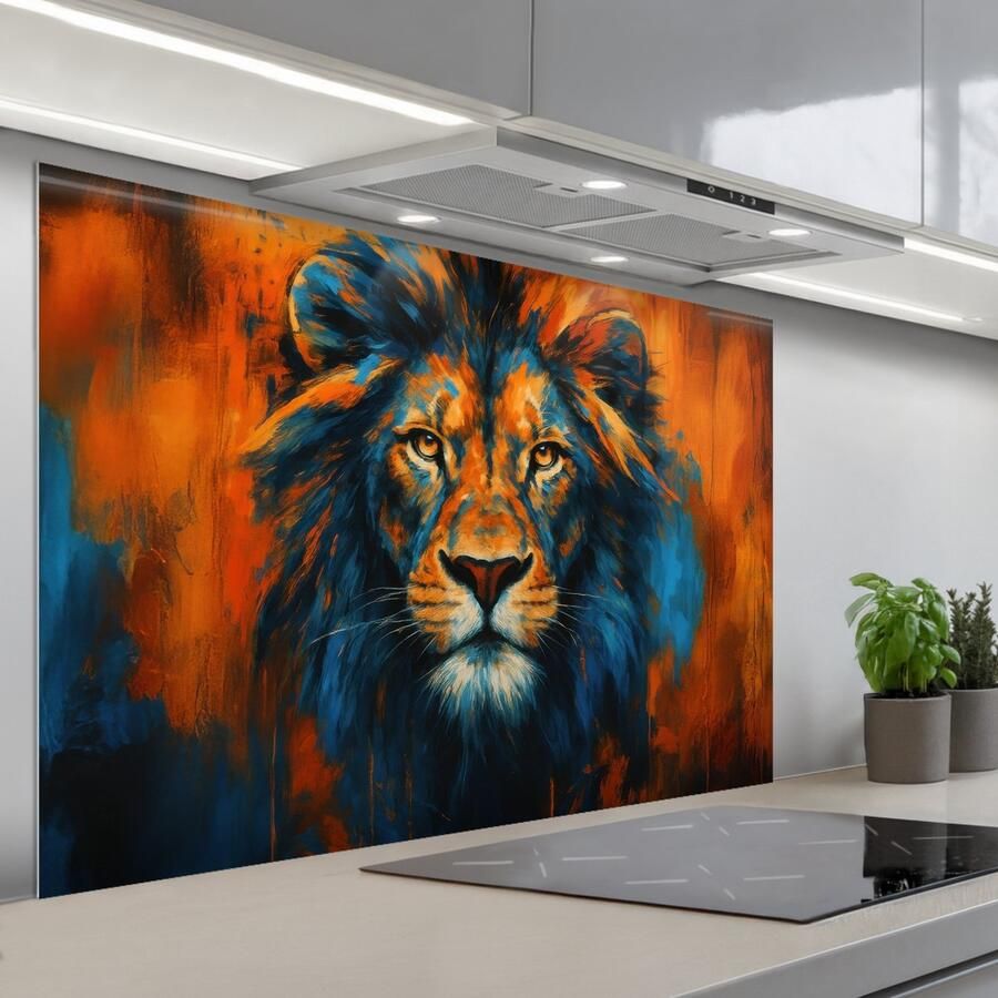 KitchenYeah Spatscherm 120x80 cm Zelfklevende achterwand Schilderij Leeuwenkop Oranje Keuken muurbeschermer Spatwand fornuis