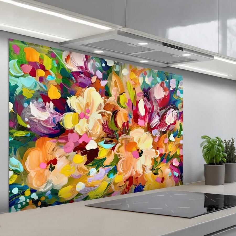 KitchenYeah Spatscherm 120x80 cm Zelfklevende achterwand Schilderij Olieverf Bloemen Regenboog Keuken muurbeschermer Spatwand fornuis