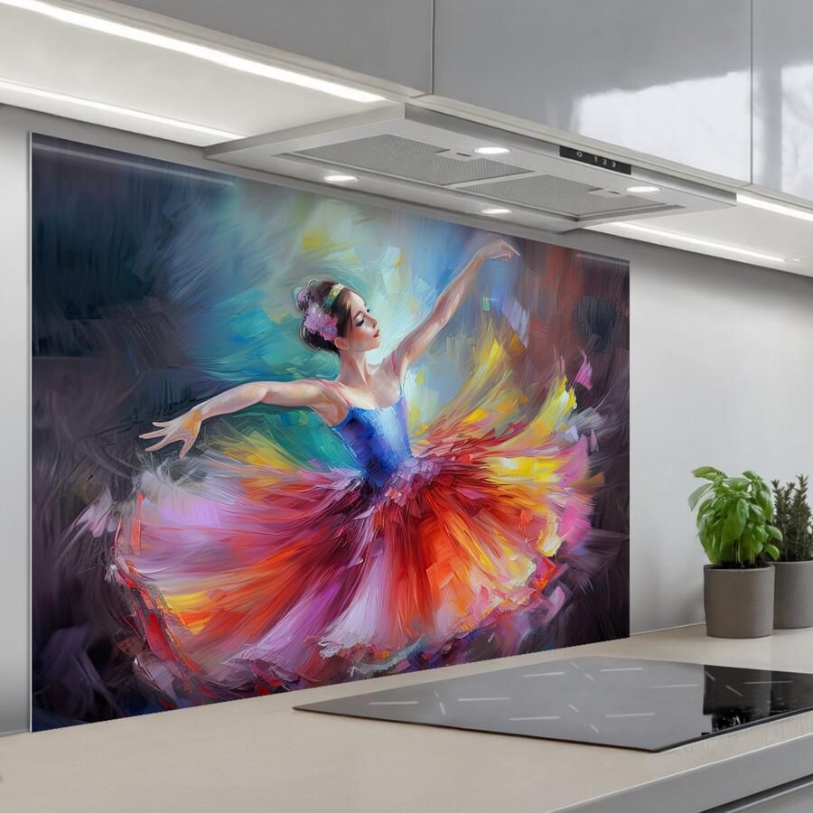 KitchenYeah Spatscherm 120x80 cm Zelfklevende achterwand Schilderij Olieverf Dans Ballerina Keuken muurbeschermer Spatwand fornuis