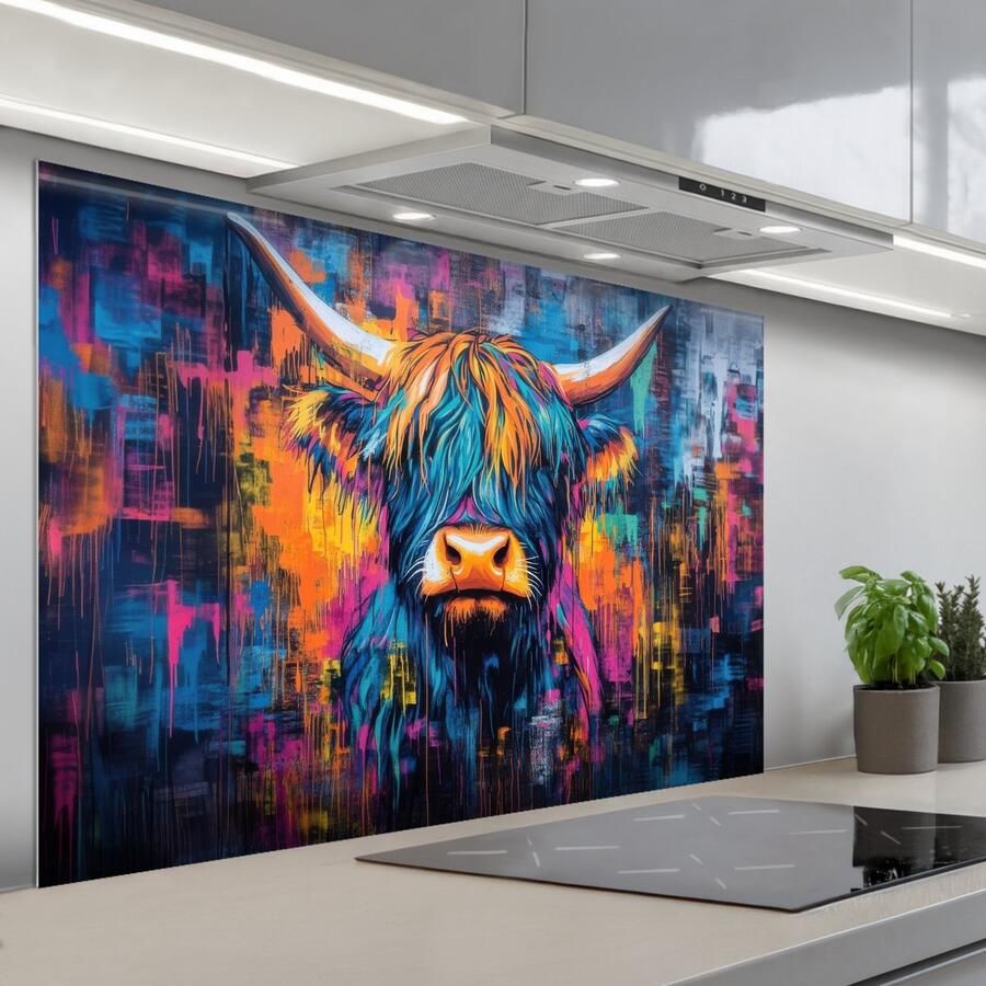 KitchenYeah Spatscherm 120x80 cm Zelfklevende achterwand Schotse Hooglander Abstract Kleurrijk Keuken muurbeschermer Spatwand fornuis - Foto 1