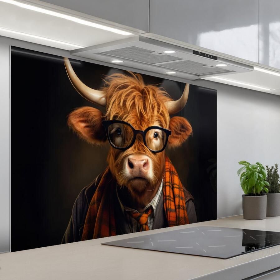 KitchenYeah Spatscherm 120x80 cm Zelfklevende achterwand Schotse hooglander Bril Sjaal Dier Keuken muurbeschermer Spatwand fornuis