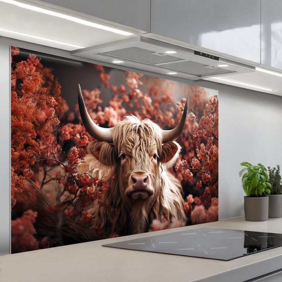 KitchenYeah Spatscherm 120x80 cm Zelfklevende achterwand Schotse hooglander Dier Natuur Bloemen Botanisch Keuken muurbeschermer Spatwand fornuis