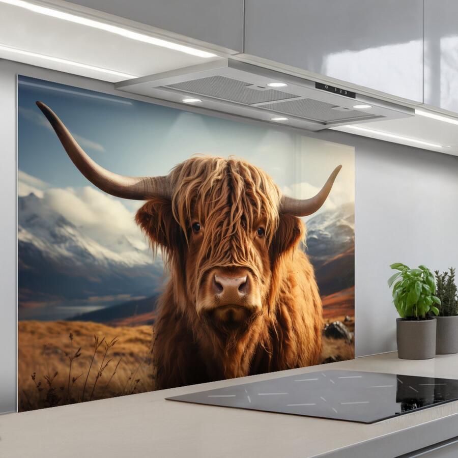 KitchenYeah Spatscherm 120x80 cm Zelfklevende achterwand Schotse hooglander Hoorns Bergen Landschap Keuken muurbeschermer Spatwand fornuis