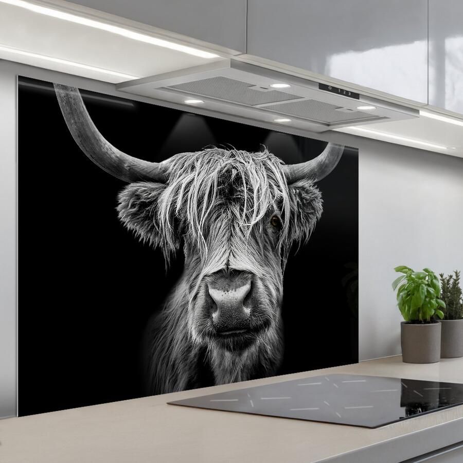 KitchenYeah Spatscherm 120x80 cm Zelfklevende achterwand Schotse Hooglander Horens Zwart Wit Koe Wild Dieren Keuken muurbeschermer Spatwand fornuis - Foto 1