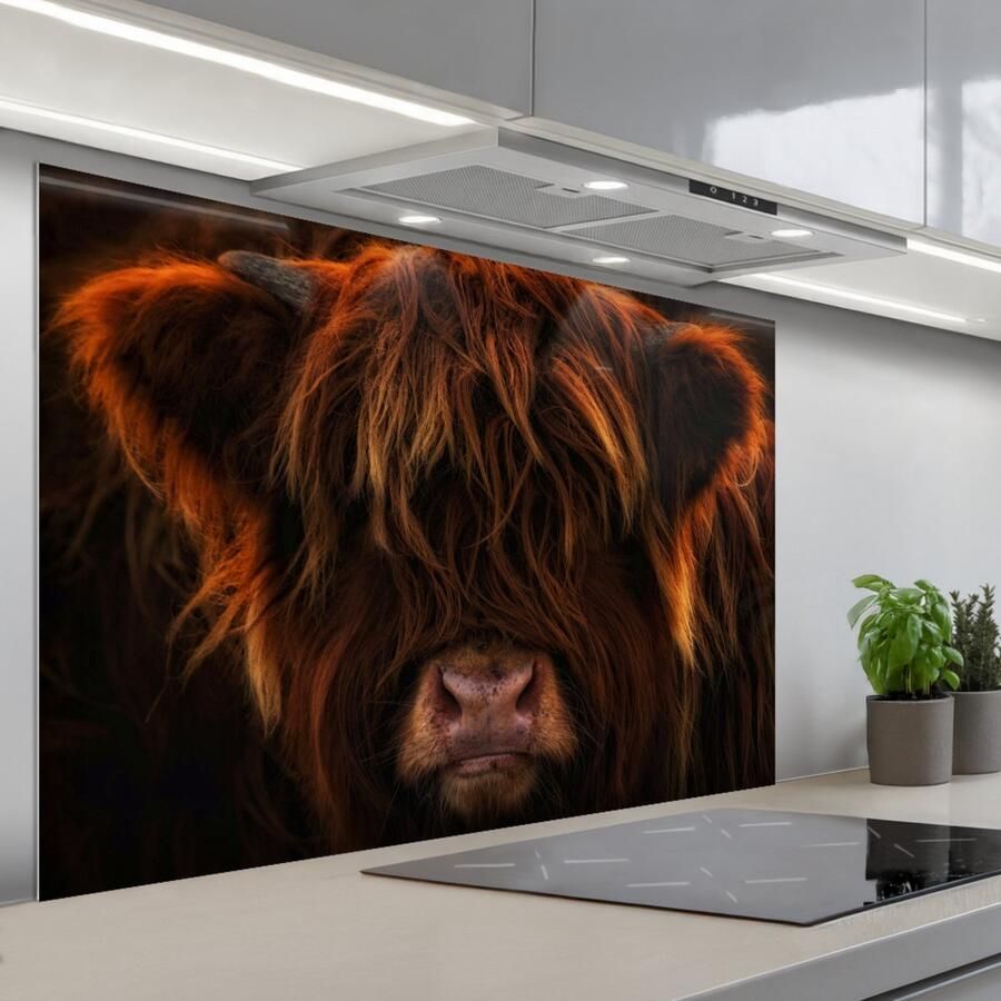 KitchenYeah Spatscherm 120x80 cm Zelfklevende achterwand Schotse Hooglander Koe Zwart Portret Keuken muurbeschermer Spatwand fornuis
