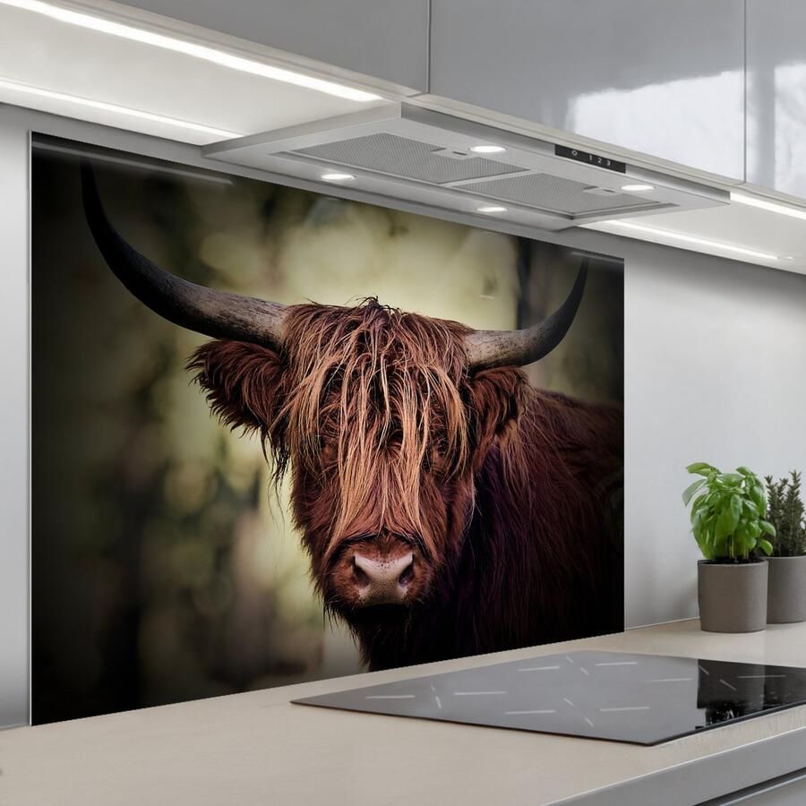 KitchenYeah Spatscherm 120x80 cm Zelfklevende achterwand Schotse hooglander Licht Portret Natuur Keuken muurbeschermer Spatwand fornuis