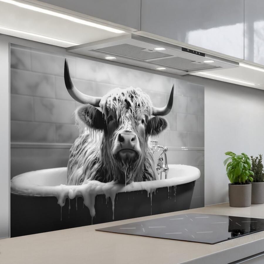 KitchenYeah Spatscherm 120x80 cm Zelfklevende achterwand Schotse hooglander Zwart wit Bad Schuim Keuken muurbeschermer Spatwand fornuis