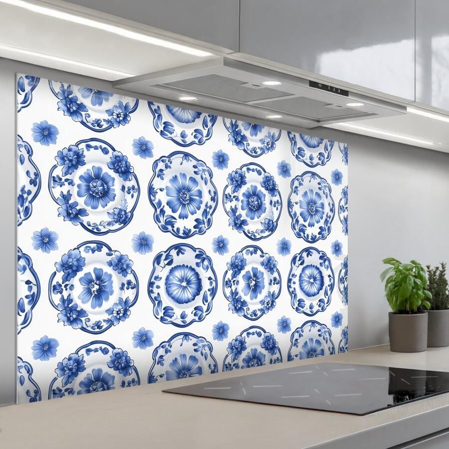 KitchenYeah Spatscherm 120x80 cm Zelfklevende achterwand Sierborden Bloemen Blauw Keuken muurbeschermer Spatwand fornuis