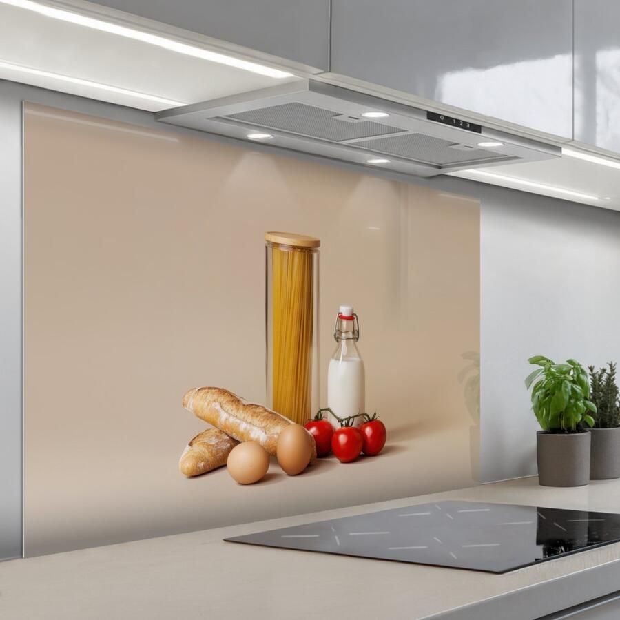 KitchenYeah Spatscherm 120x80 cm Zelfklevende achterwand Spaghetti Melk Tomaten Eieren Brood Keuken muurbeschermer Spatwand fornuis - Foto 1