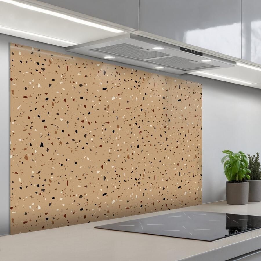 KitchenYeah Spatscherm 120x80 cm Zelfklevende achterwand Terrazzo Patroon Beige Keuken muurbeschermer Spatwand fornuis