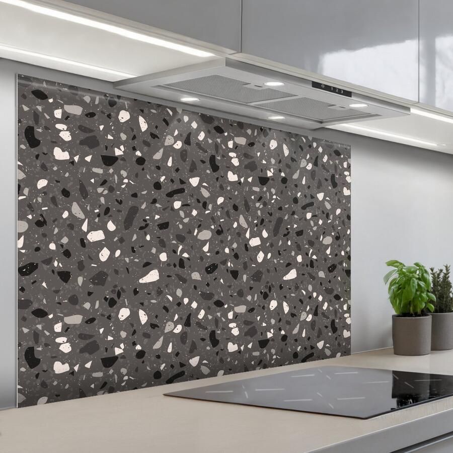 KitchenYeah Spatscherm 120x80 cm Zelfklevende achterwand Terrazzo Patroon Grijs Keuken muurbeschermer Spatwand fornuis
