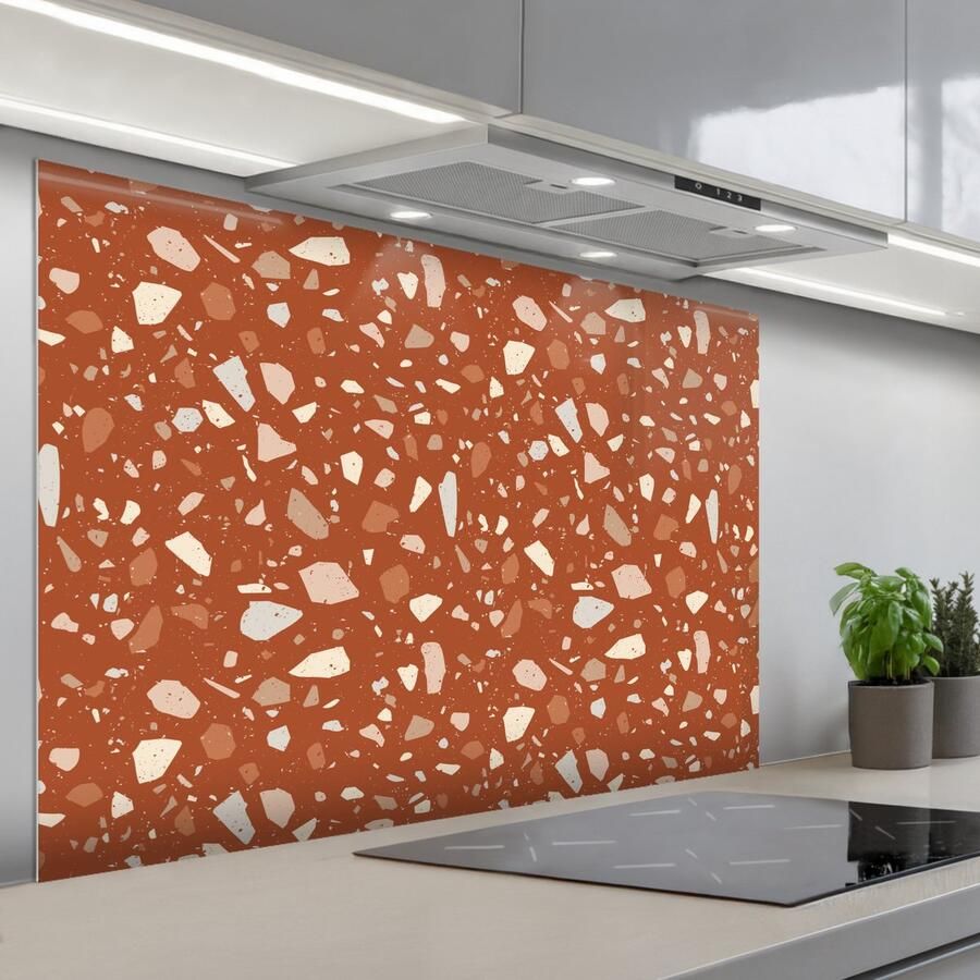 KitchenYeah Spatscherm 120x80 cm Zelfklevende achterwand Terrazzo Patroon Klei Keuken muurbeschermer Spatwand fornuis