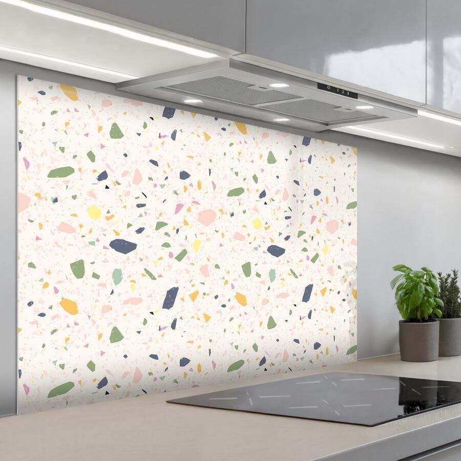KitchenYeah Spatscherm 120x80 cm Zelfklevende achterwand Terrazzo Patroon Kleurrijk Festival Keuken muurbeschermer Spatwand fornuis