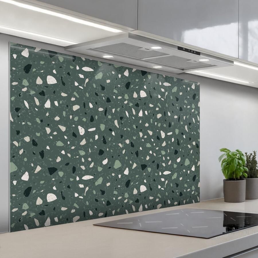 KitchenYeah Spatscherm 120x80 cm Zelfklevende achterwand Terrazzo Patroon Kleurrijk Groen Keuken muurbeschermer Spatwand fornuis
