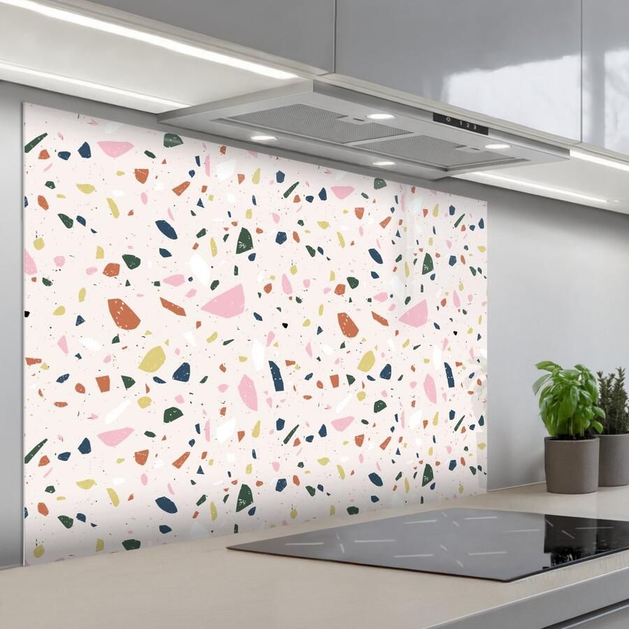 KitchenYeah Spatscherm 120x80 cm Zelfklevende achterwand Terrazzo Patroon Kleurrijk Keuken muurbeschermer Spatwand fornuis