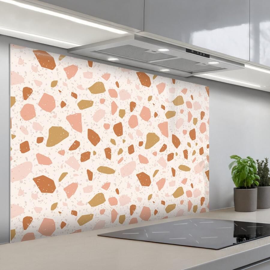 KitchenYeah Spatscherm 120x80 cm Zelfklevende achterwand Terrazzo Patroon Kleurrijk Zalm Keuken muurbeschermer Spatwand fornuis