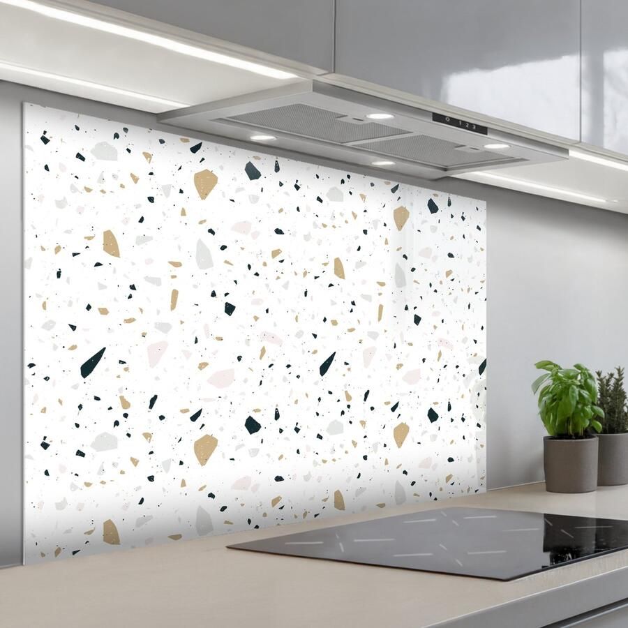 KitchenYeah Spatscherm 120x80 cm Zelfklevende achterwand Terrazzo Patroon Wit Neutraal Keuken muurbeschermer Spatwand fornuis
