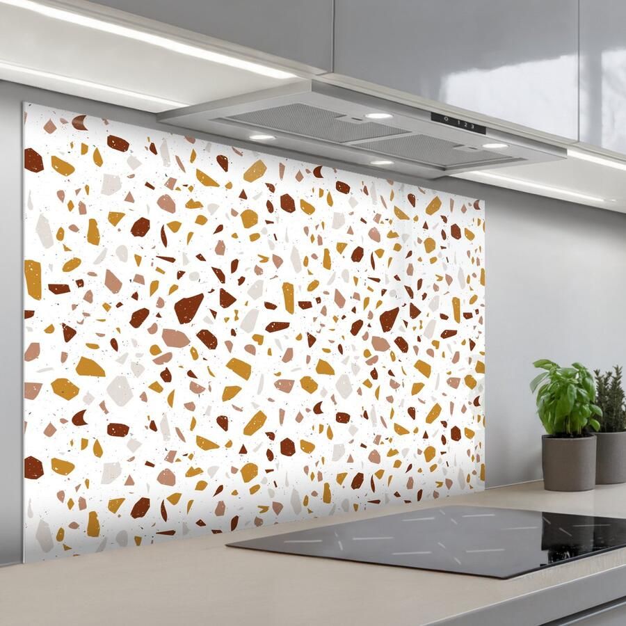 KitchenYeah Spatscherm 120x80 cm Zelfklevende achterwand Terrazzo Patroon Wit Urban Keuken muurbeschermer Spatwand fornuis