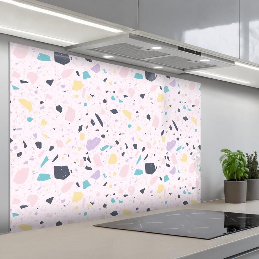 KitchenYeah Spatscherm 120x80 cm Zelfklevende achterwand Terrazzo Patroon Zacht Snoep Keuken muurbeschermer Spatwand fornuis