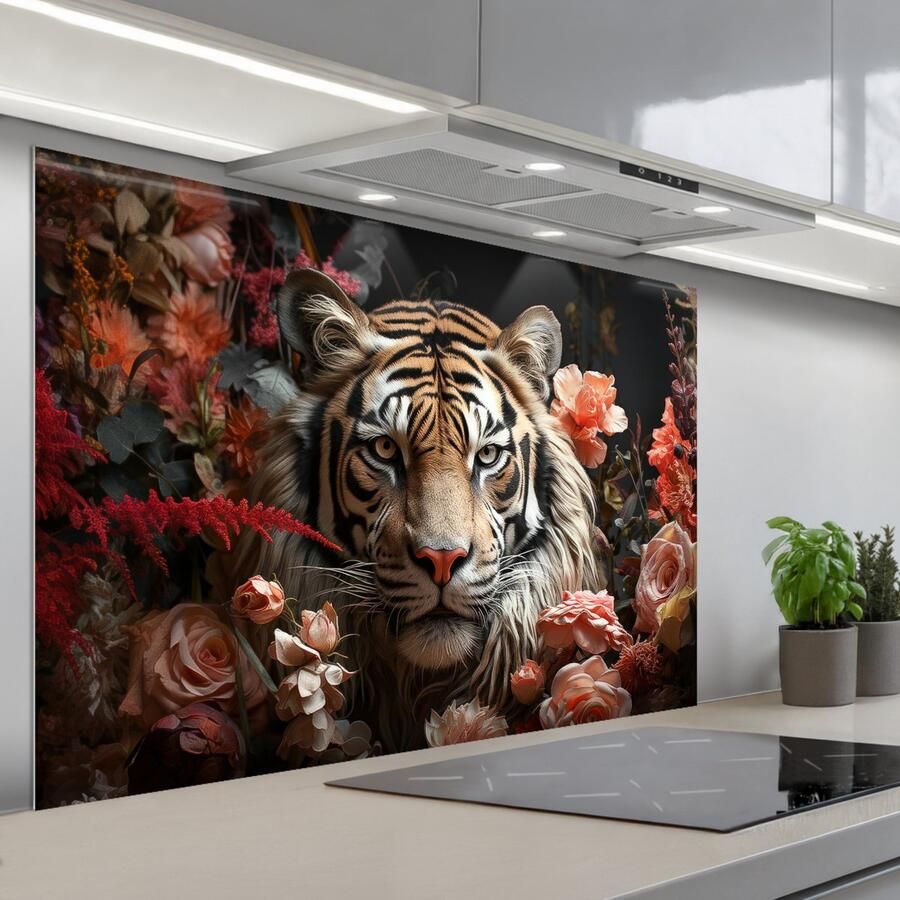 KitchenYeah Spatscherm 120x80 cm Zelfklevende achterwand Tijger Dier Natuur Bloemen Botanisch Keuken muurbeschermer Spatwand fornuis - Foto 1