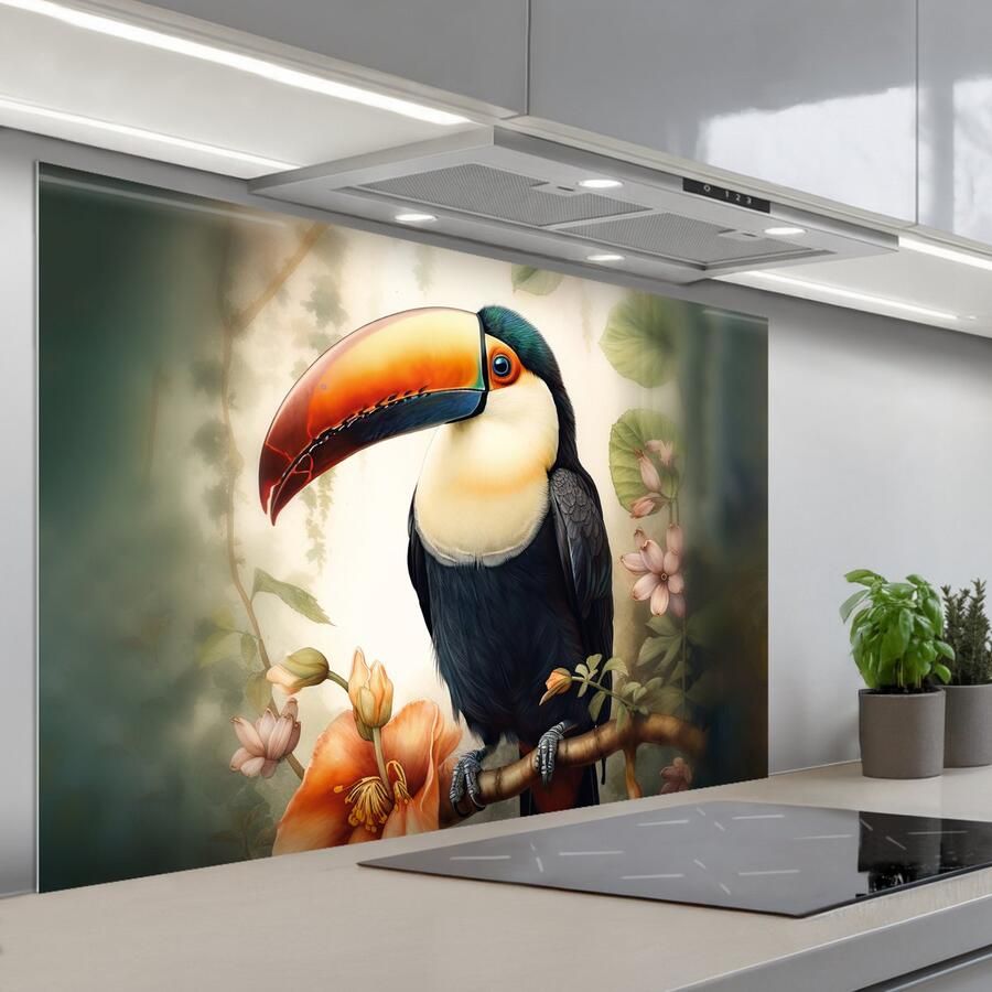 KitchenYeah Spatscherm 120x80 cm Zelfklevende achterwand Toekan Vogel Bloemen Planten Keuken muurbeschermer Spatwand fornuis