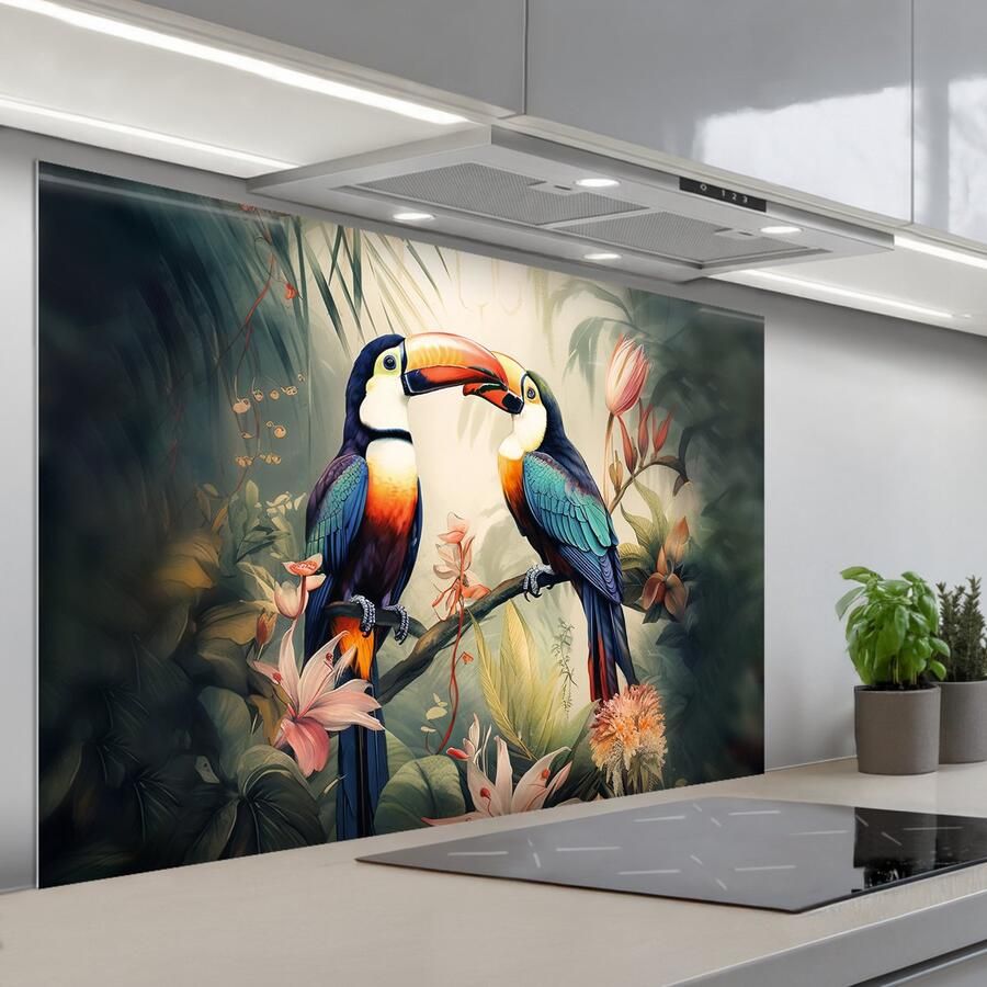 KitchenYeah Spatscherm 120x80 cm Zelfklevende achterwand Toekan Vogels Bloemen Natuur Jungle Keuken muurbeschermer Spatwand fornuis