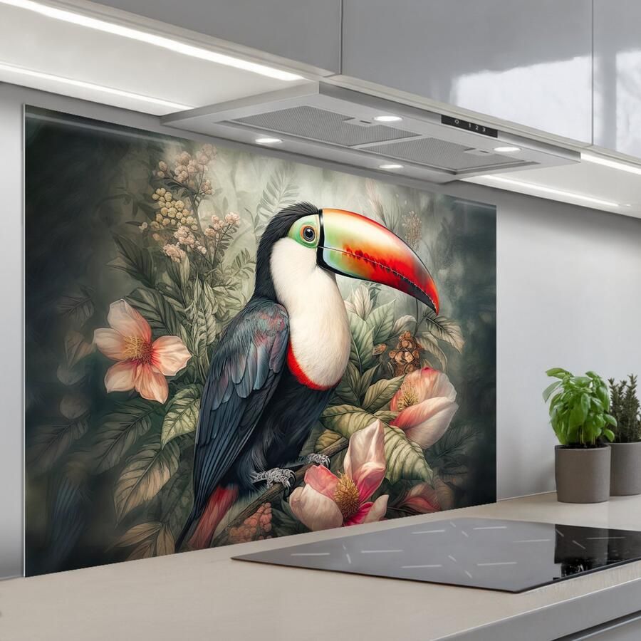KitchenYeah Spatscherm 120x80 cm Zelfklevende achterwand Toekan Vogels Bloemen Planten Tropisch Keuken muurbeschermer Spatwand fornuis