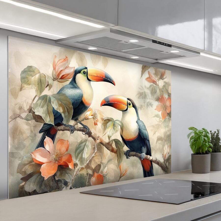 KitchenYeah Spatscherm 120x80 cm Zelfklevende achterwand Toekan Vogels Bloemen Tak Keuken muurbeschermer Spatwand fornuis