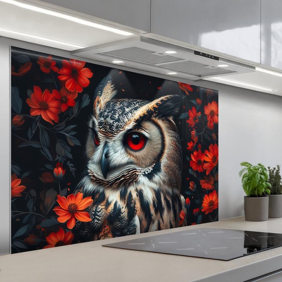 KitchenYeah Spatscherm 120x80 cm Zelfklevende achterwand Uil Bosdieren Rode bloemen Natuur Keuken muurbeschermer Spatwand fornuis