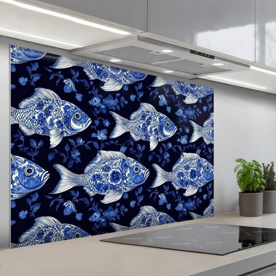 KitchenYeah Spatscherm 120x80 cm Zelfklevende achterwand Vissen Bloemen Blauw Keuken muurbeschermer Spatwand fornuis