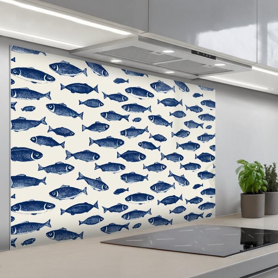 KitchenYeah Spatscherm 120x80 cm Zelfklevende achterwand Vissen Patroon Blauw Wit Keuken muurbeschermer Spatwand fornuis