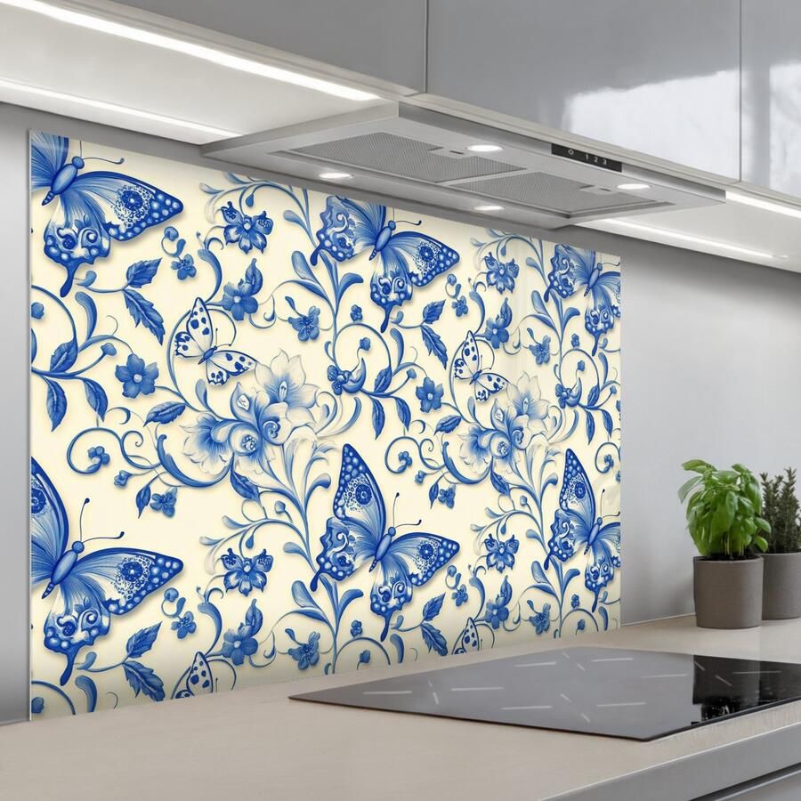 KitchenYeah Spatscherm 120x80 cm Zelfklevende achterwand Vlinders Bloemen Blauw Botanisch Keuken muurbeschermer Spatwand fornuis