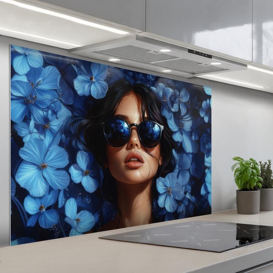 KitchenYeah Spatscherm 120x80 cm Zelfklevende achterwand Vrouw Blauw Bloemen Vlinders Natuur Keuken muurbeschermer Spatwand fornuis
