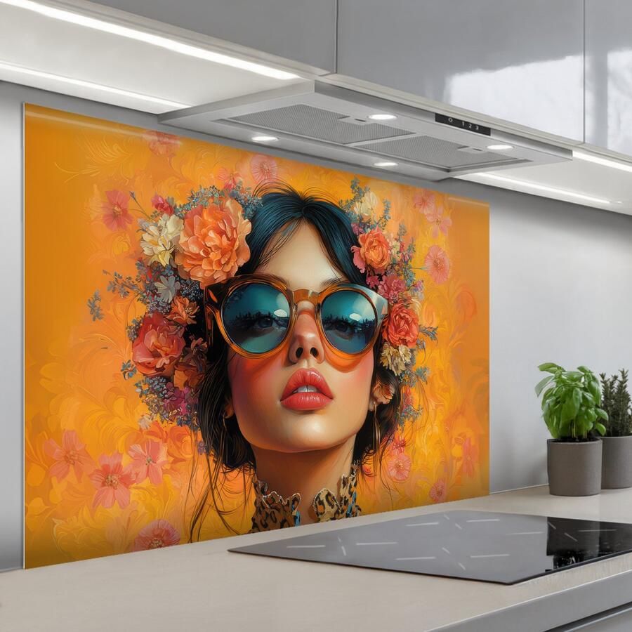 KitchenYeah Spatscherm 120x80 cm Zelfklevende achterwand Vrouw Bloemen Aesthetic Oranje Keuken muurbeschermer Spatwand fornuis