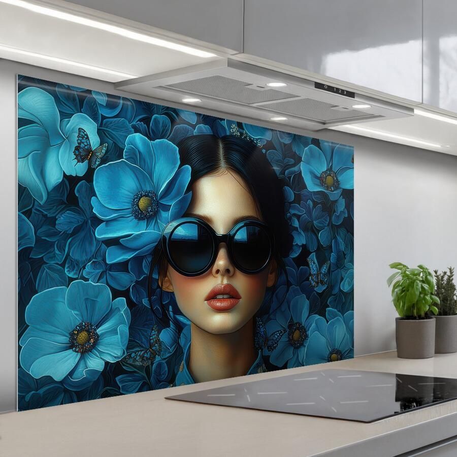 KitchenYeah Spatscherm 120x80 cm Zelfklevende achterwand Vrouw Bloemen Blauw Aesthetic Luxe Keuken muurbeschermer Spatwand fornuis