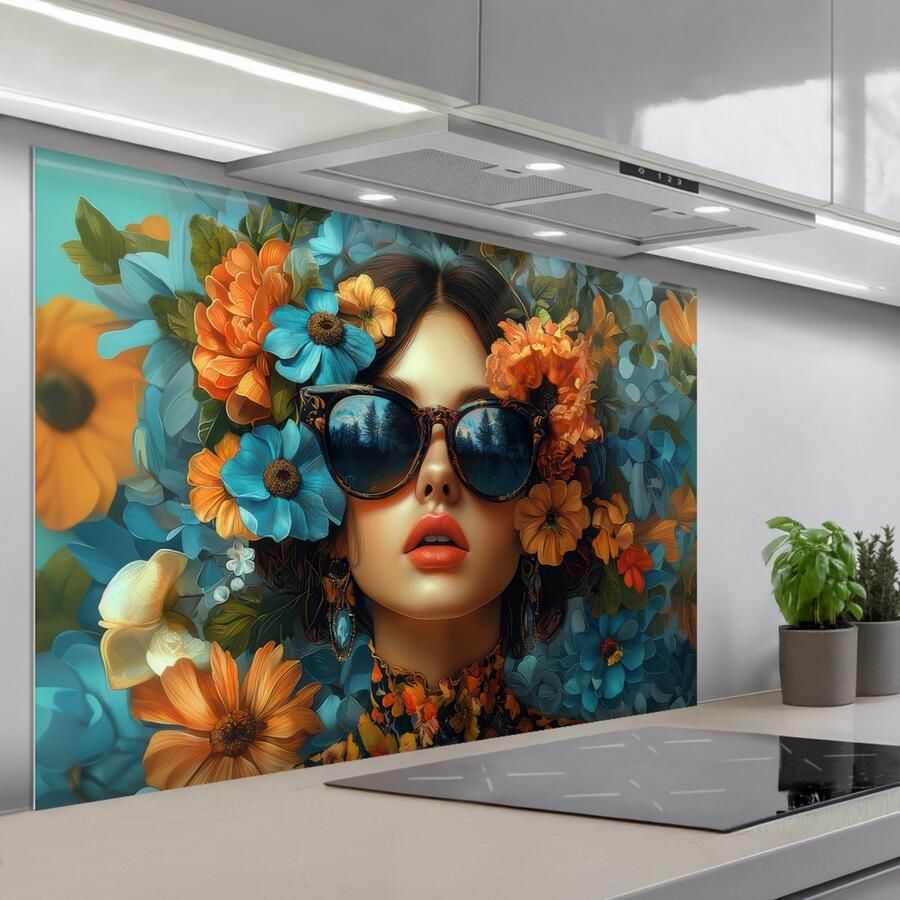 KitchenYeah Spatscherm 120x80 cm Zelfklevende achterwand Vrouw Bloemen Oranje Blauw Modern Keuken muurbeschermer Spatwand fornuis