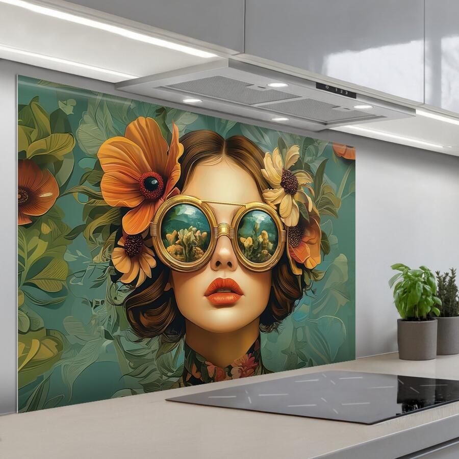 KitchenYeah Spatscherm 120x80 cm Zelfklevende achterwand Vrouw Bloemen Vlinders Natuur Vintage Keuken muurbeschermer Spatwand fornuis