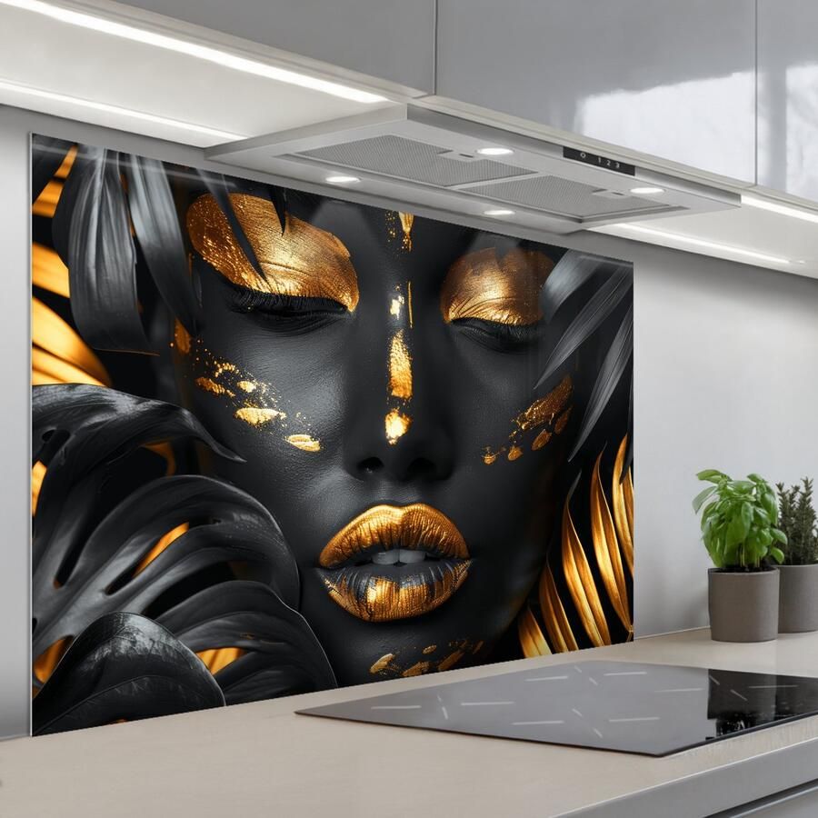 KitchenYeah Spatscherm 120x80 cm Zelfklevende achterwand Vrouw Goud Natuur Portret Modern Keuken muurbeschermer Spatwand fornuis