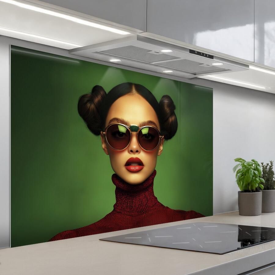KitchenYeah Spatscherm 120x80 cm Zelfklevende achterwand Vrouw Groen Bril Aesthetic Modern Keuken muurbeschermer Spatwand fornuis