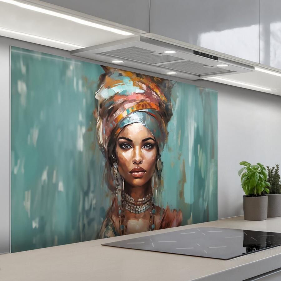 KitchenYeah Spatscherm 120x80 cm Zelfklevende achterwand Vrouw Kunst Sieraden Portret Keuken muurbeschermer Spatwand fornuis