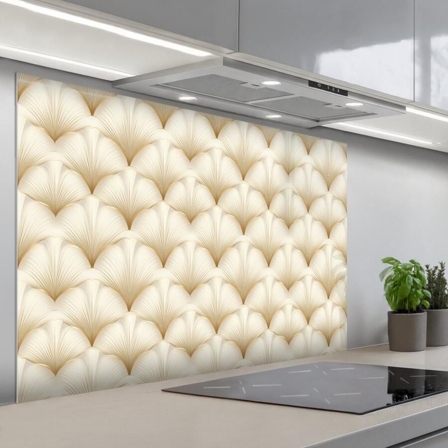 KitchenYeah Spatscherm 120x80 cm Zelfklevende achterwand Waaier Motief Goud Keuken muurbeschermer Spatwand fornuis
